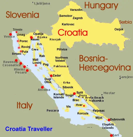 Map of Croatia with destinations and ferry ports