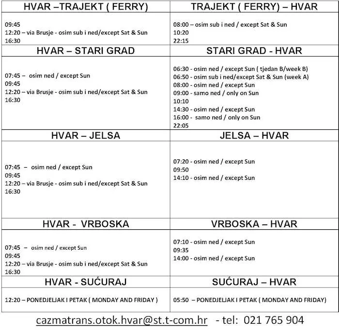 Hvar Island Bus Schedule