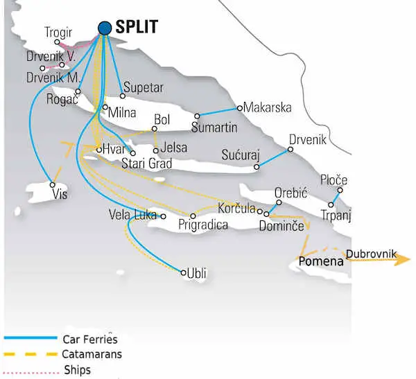 Map of Dalmatia ferry lines
